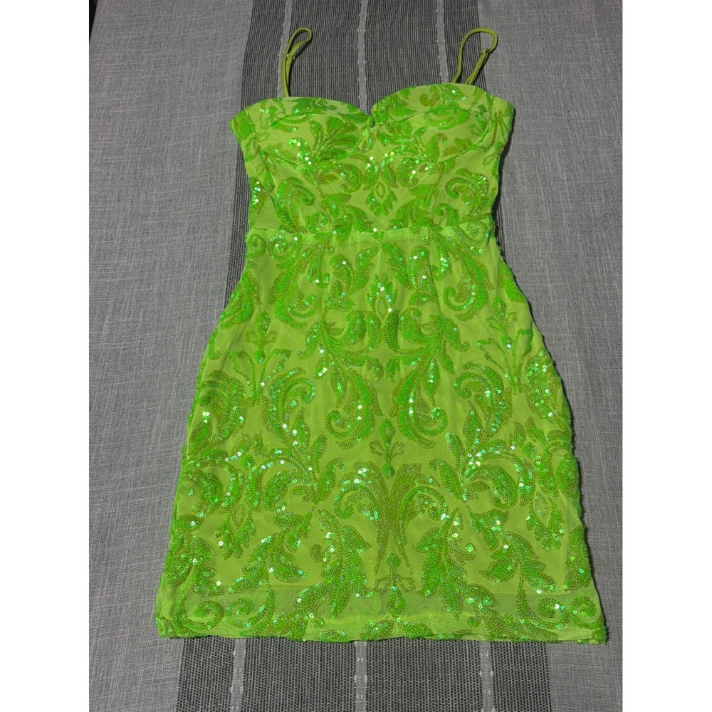 Winsor Neon Lime Green Sequin Damask Mini Dress Small Bodycon Cocktail hoco